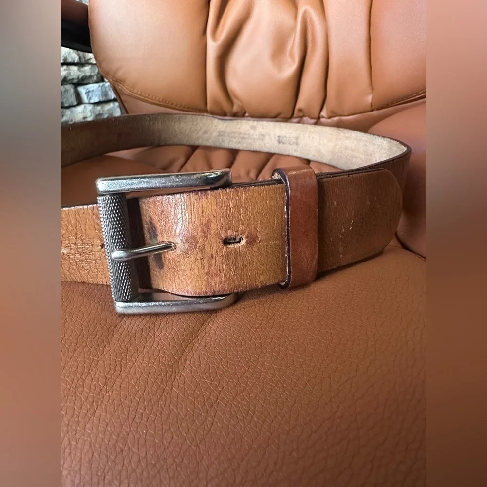 Men’s Well-Loved Brown Leather Belt with Silver Buckle, 38